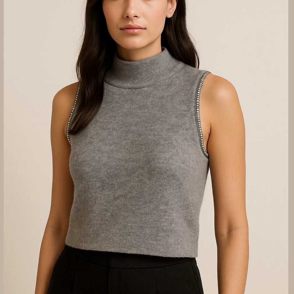 DYNAMITE sleeveless sweater mock neck jeweled arm holes sweater tank grey XL new